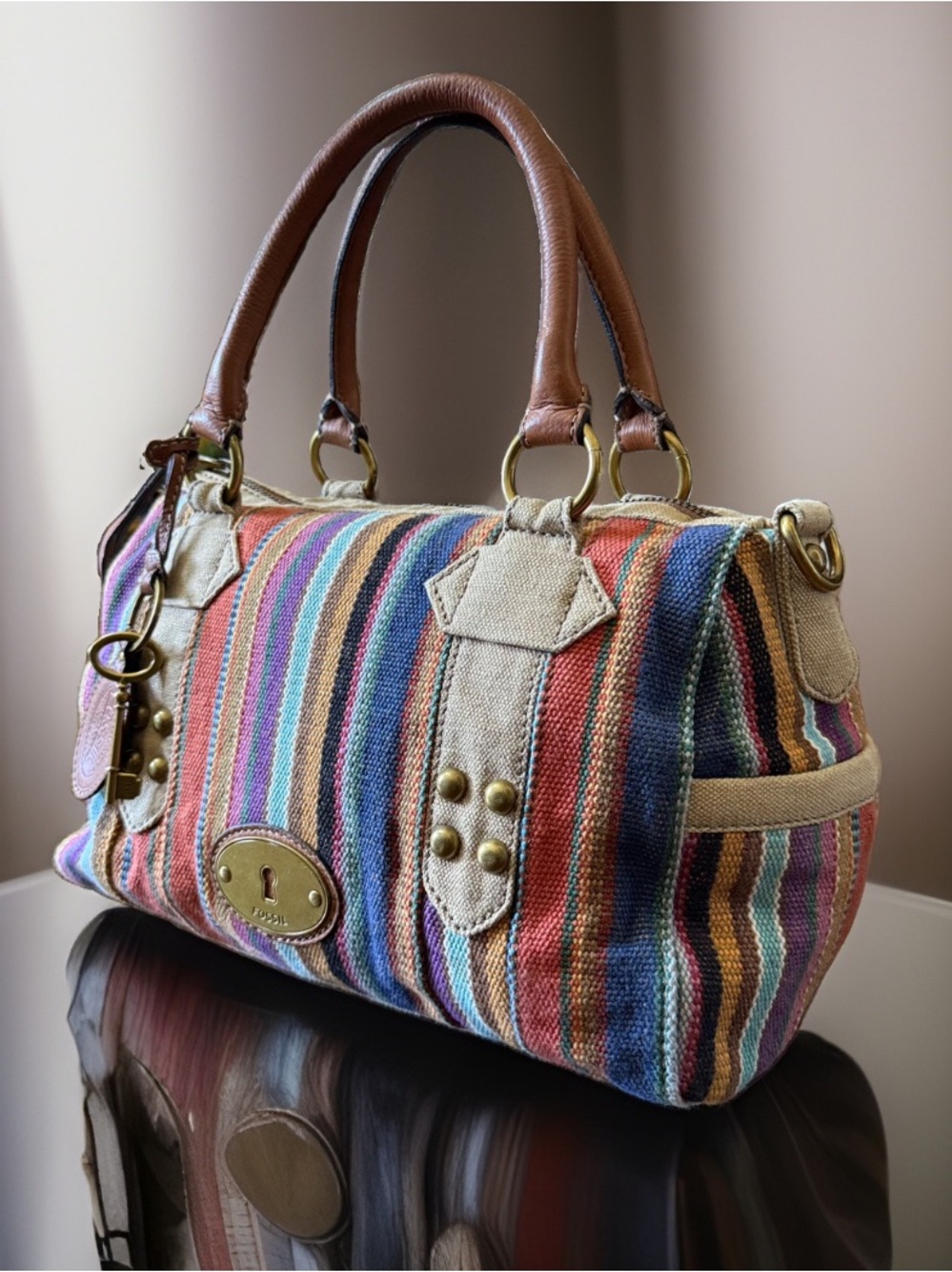 Fossil Striped Canvas Satchel 🔑